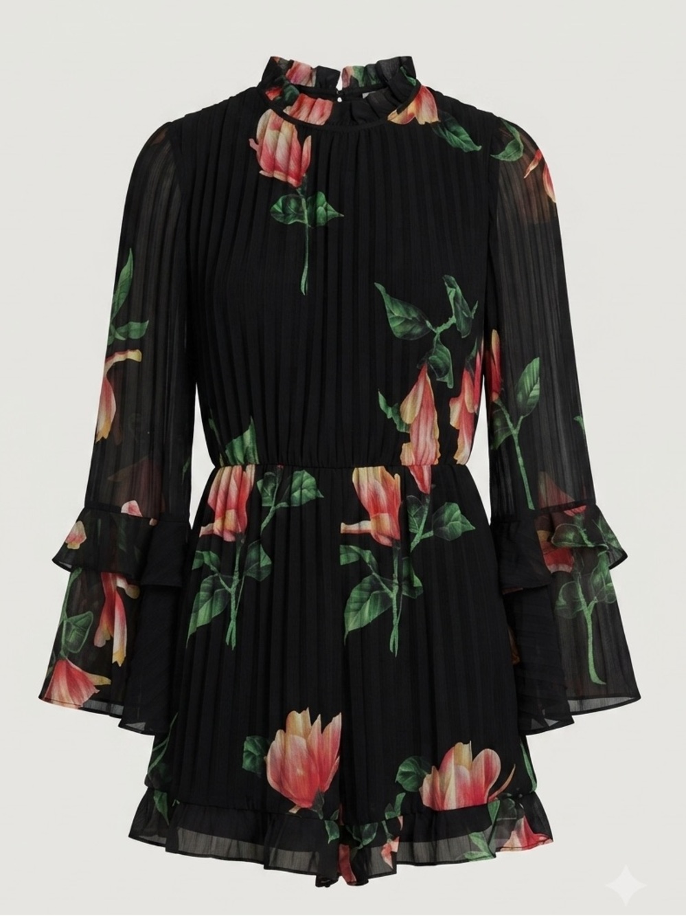 Lulus Talking Sweet Black Floral Pleated Long Bell Sleeve Cutout Romper Small